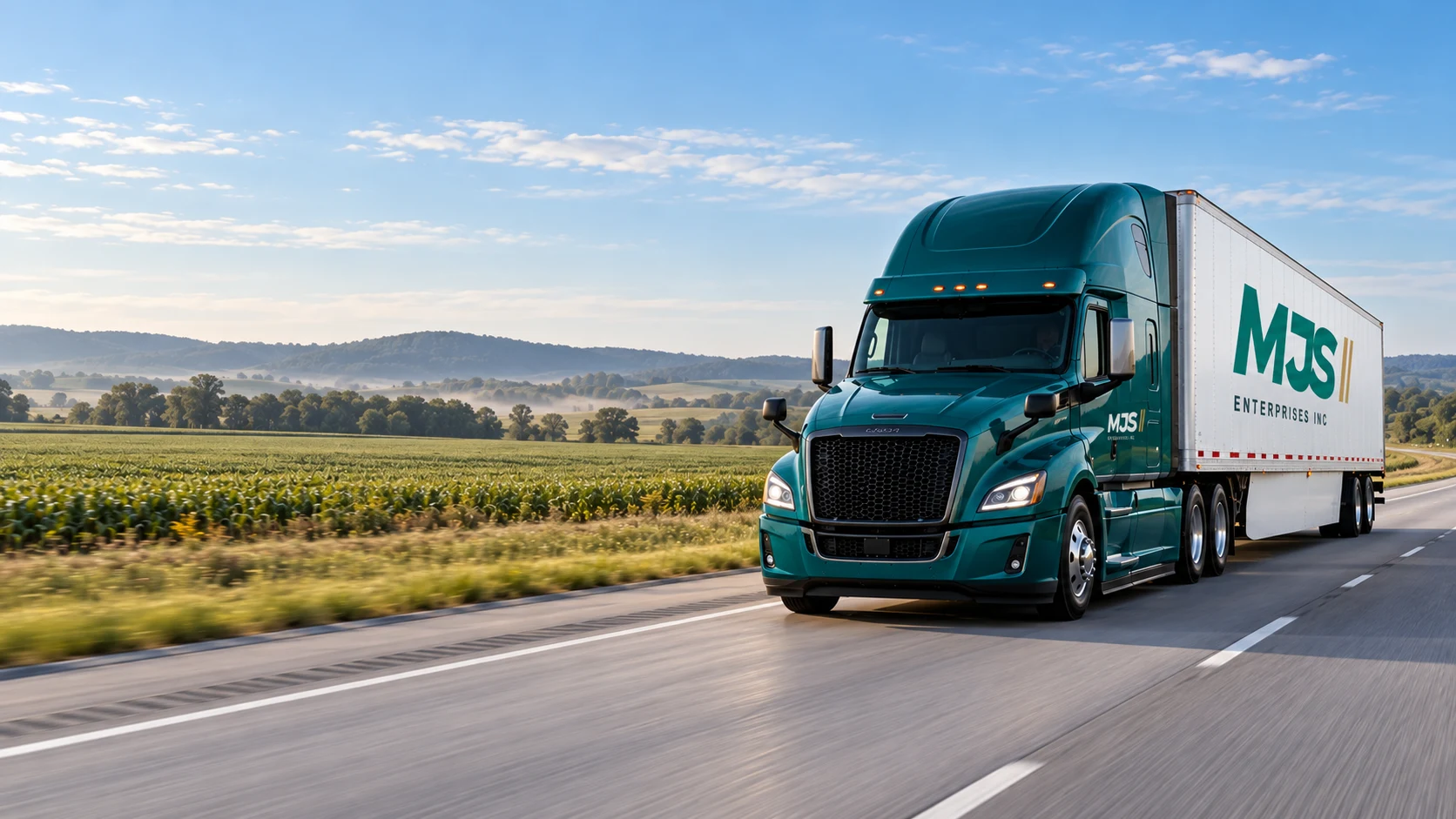 Representative image of a teal tractor and white trailer carrying the MJS Enterprises Inc branding